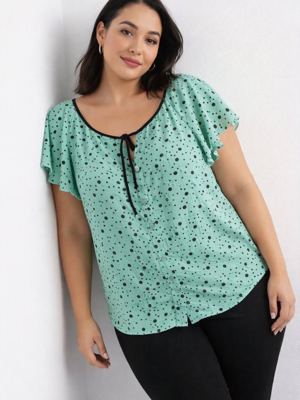 Pure Energy Plus Blouse Mint Green Polka Dot Flutter Sleeve 1X 14/16